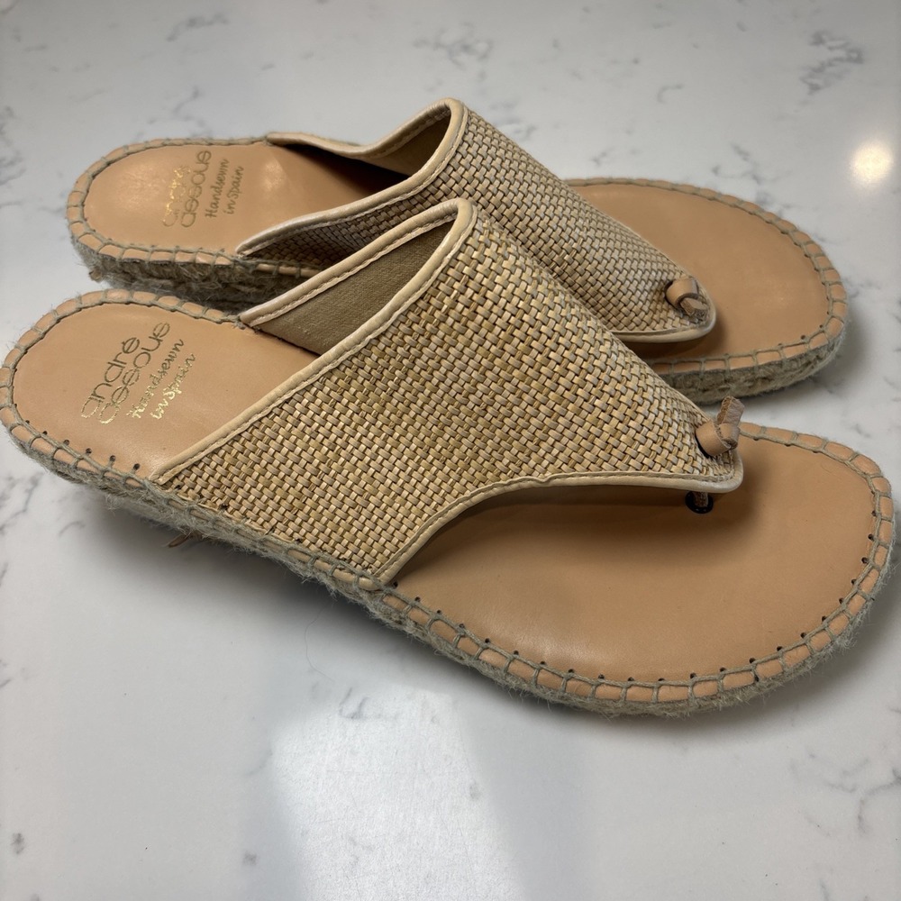 Andre Assous Sandals 41 US 10 Raffia Leather Thong Espadrille Wedge Spain